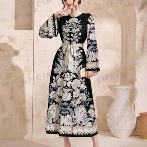 Black Luxury Floral print belted Dress Womens Small Long sleeve Formal dress